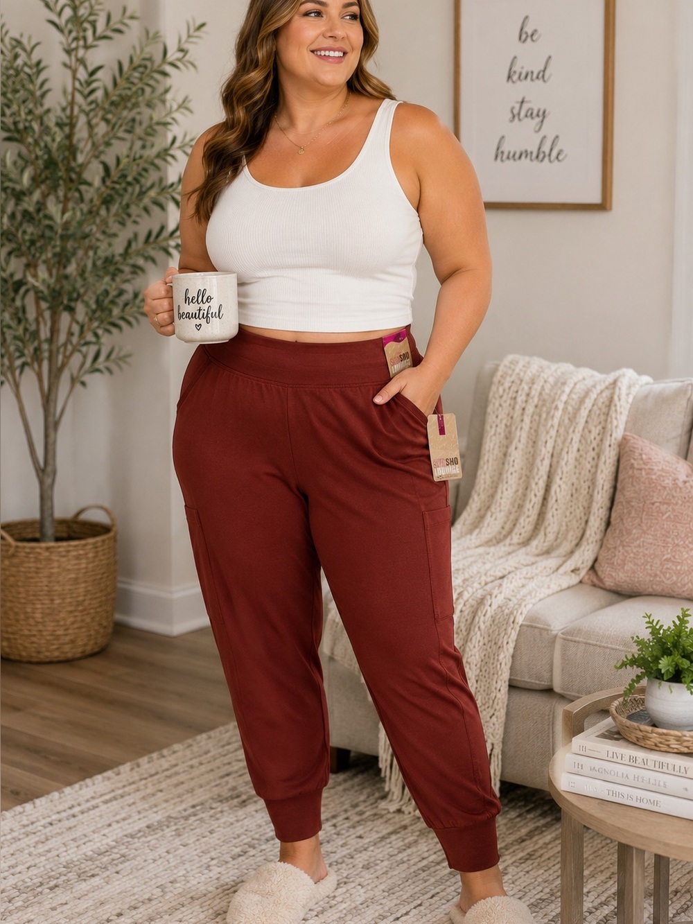 ShoSho Lounge XL Burgundy Jogger Lounge Pants NWT Soft Stretch Pull-On Pockets